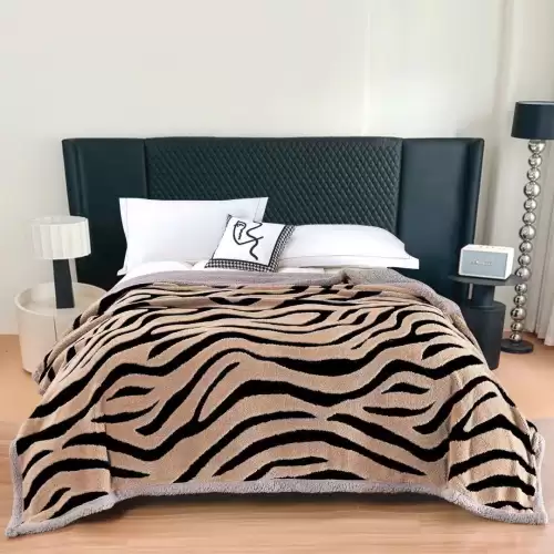 Patura Cocolino Groasa cu Blanita Sherpa, 200x230 cm, Zebra, Bej deschis