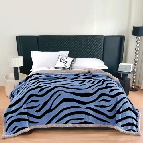 Patura Cocolino Groasa, cu Fermoar, din Blanita Sherpa, Gri, 200x230cm, Zebra, Albastru