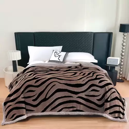 Patura Cocolino Groasa, cu Fermoar, din Blanita Sherpa, Gri, 200x230cm, Zebra, Maro