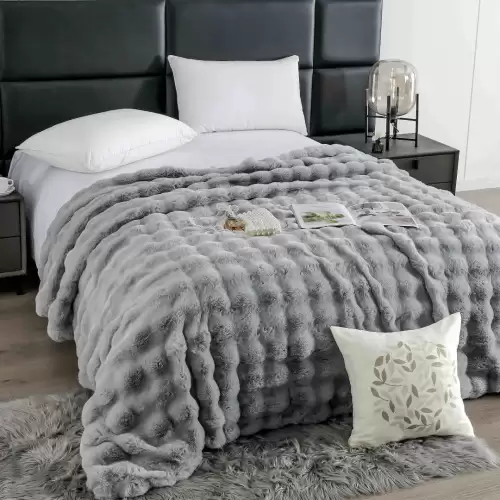 Patura Luxury Soft Touch, Jojo Home, cu Blanita Artificiala Tip Iepure, 200x230 cm, cu Fermoar, Gri
