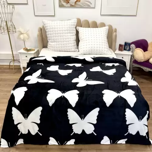 Patura pufoasa cocolino 200x230cm, 240g/mp, Negru, Fluturi