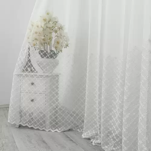 Perdea Cicek din Tulle cu Broderie, Alb, 140cm latime x 260cm inaltime, cu rejansa pt bara