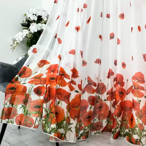 Perdea din matase imprimata, Alba cu maci rosii, latime 100cm latime x 260cm inaltime , Rejansa pt bara