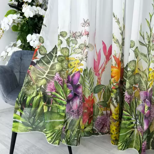 Perdea din Voal imprimat, Alb-Verde, model Jungle, 140cm latime x 260cm inaltime, cu rejansa pt bara