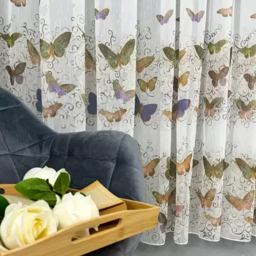Perdea pentru Bucatarie tip IN imprimat, Alb cu fluturi, 140cm latime x 200cm inaltime, cu rejansa pt bara