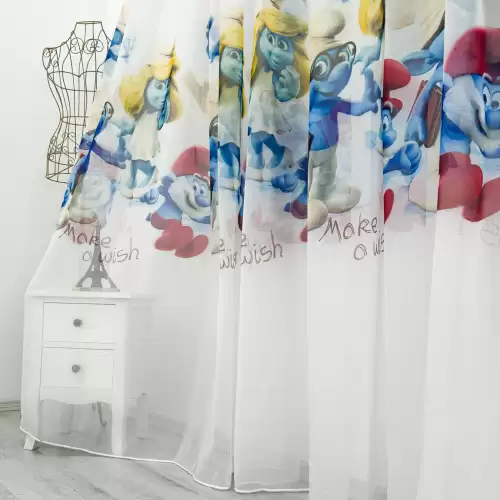 Perdea pentru copii din matase, model imprimat Smurfs, 140cm latime x 260cm inaltime, cu rejansa pt bara
