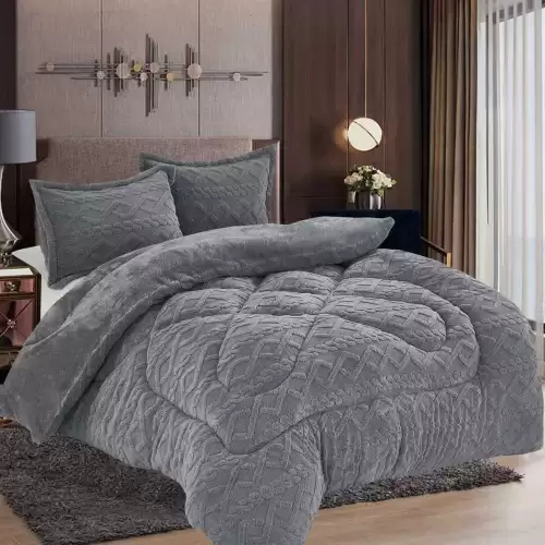 Pilota Cocolino gofrat 3D tricotaj, cu blanita asortata, 200x230cm si 2 fete de perna 50x70cm, Gri