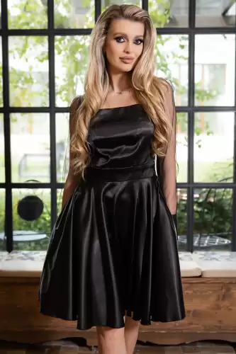Rochie cu maneci din satin si tulle, Negru, Xara
