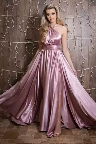 Rochie lunga Versatila din Satin, cu diverse moduri de purtare, Roz