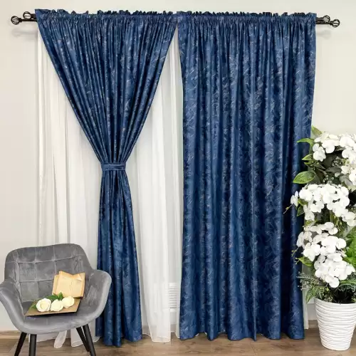 Set 2 bucati Draperie Catifea MYKONOS cu valuri rafinate aurii, Albastru royal - V29, 360cm latime x 260cm, Rejansa pt. sina