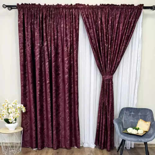 Set 2 bucati Draperie Catifea MYKONOS cu valuri rafinate aurii, Grena - V10, 200cm latine x 2.5m inaltime, cu tiv lat