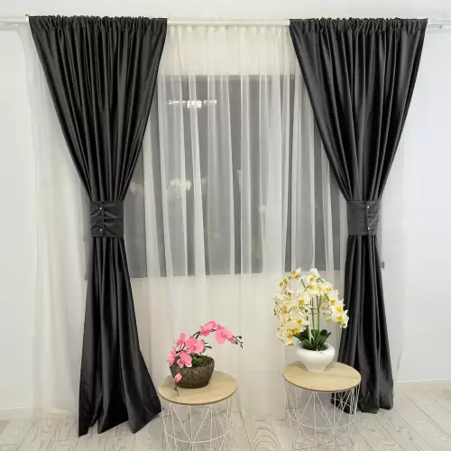 Set 2 Draperii Blackout din catifea Bej, 140x260cm, cu tiv lat pt bara