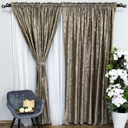 Set 2 Draperii Catifea CRETA cu insertii aurii, Cappuccino - NEW 6, 140cm latime x 260cm inaltime cu tiv lat pt bara