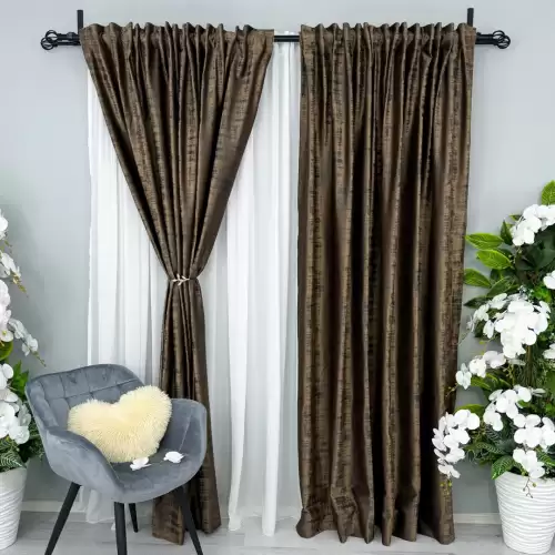 Set 2 Draperii Catifea cu model Venti - 200cm x 232cm , Rejansa pt. bara , Maro inchis