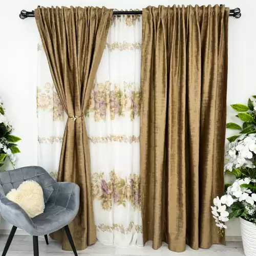 Set 2 Draperii Catifea cu model Venti, Maro deschis, 140cm latime x 260cm inaltime, cu tiv lat pt bara