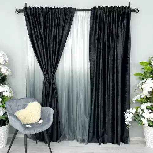 Set 2 Draperii Catifea cu model Venti, Negru, 140cm latime x 260cm inaltime, cu tiv lat pt bara
