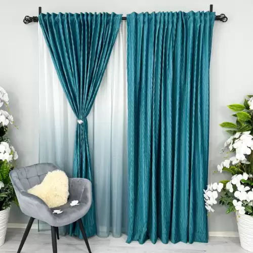Set 2 Draperii din Catifea Plisata cu opacitate ridicata, Turquoise, 140cm latime x 260cm inaltime, cu tiv lat pt bara