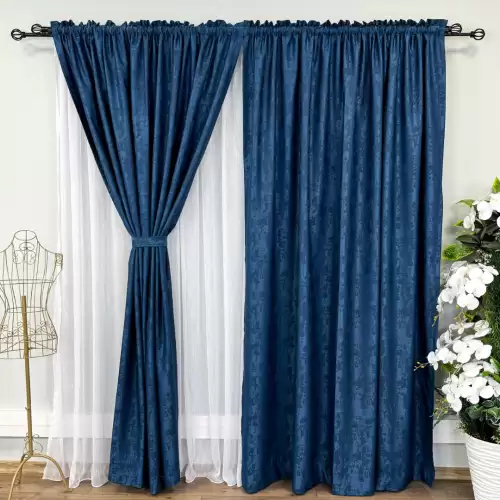 Set 2 Draperii din Jacquard model Nisip, 140cm latime x 260cm inaltime, cu TIV LAT, BLEUMARIN