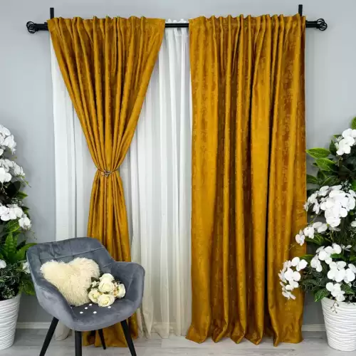 Set 2 Draperii din Jacquard model Nisip, 140cm latime x 260cm inaltime, cu TIV LAT, Mustar