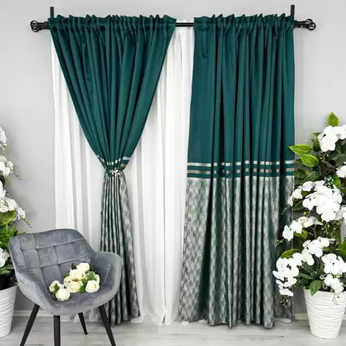 Set 2 Draperii Lines, Satinata, Texturata, Verde cu Bej, 140cm latime x 260cm inaltime, cu tiv lat pt bara