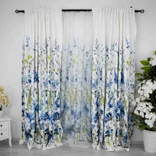 Set 2 Draperii Satinate imprimate, flori albastre, 140cm latime x 260cm inaltime, cu tiv lat pat bara