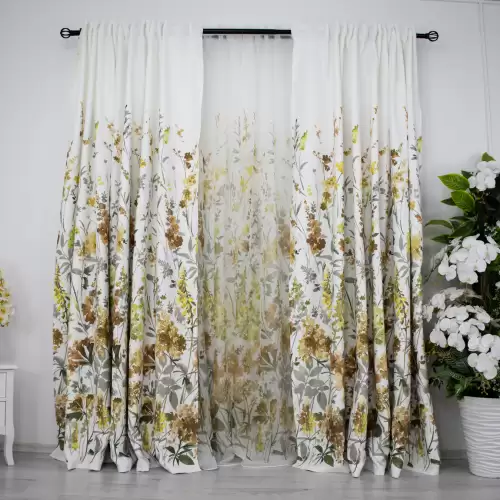 Set 2 Draperii Satinate Imprimate, flori maro, 140cm latime x 260cm inaltime, cu tiv lat pt bara