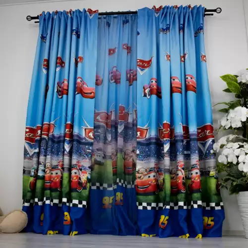 Set 2 Draperii Satinate pentru copii, Cars, 140cm latime x 260cm inaltime, cu tiv lat pt bara