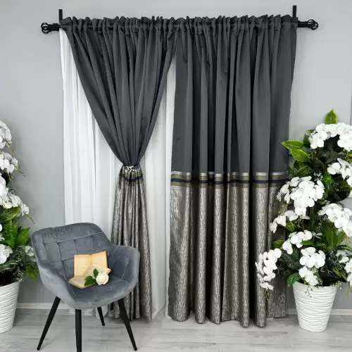 Set 2 Draperii Simplicity, Satinata, Texturata, Antracit cu Bej, 140cm latime x 260cm inaltime, cu tiv lat pt bara