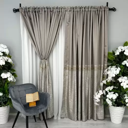 Set 2 Draperii Simplicity, Satinata, Texturata, Grej cu Gri, 140cm latime x 260cm inaltime, cu tiv lat pt bara