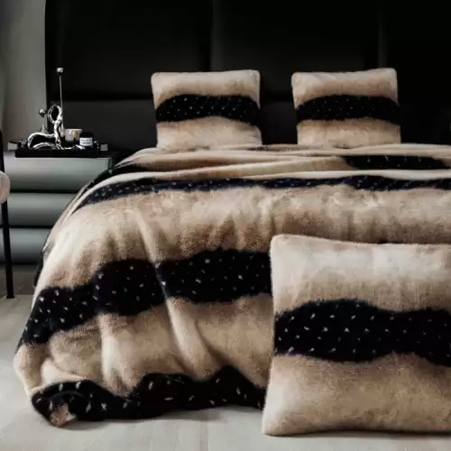 Set de Lux Din Blana Artificiala de Nurca, Cu Fermoar, Hipoalergenic, Patura + 2 Fete de Perna - Negru Maro