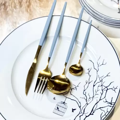 Set de Tacamuri Portugheze, 24 de piese, Auriu si Bleu Ciel