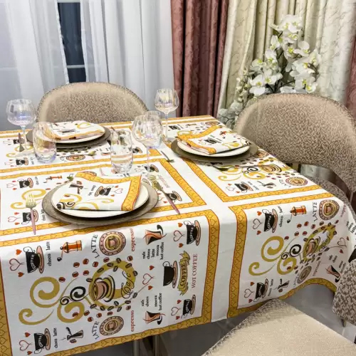 Set Fata de Masa din Bumbac Imprimat cu 6 Servetele – Eleganta si Calitate pentru Mese Perfecte, Alb, Coffee