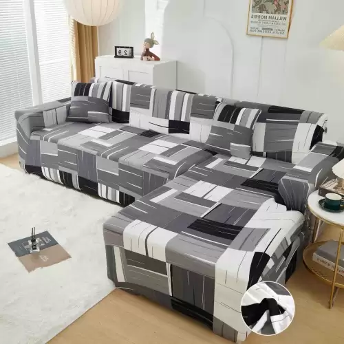Set husa pentru coltar M + L, Elastica, Jojo Home, Gri, Forme Geometrice