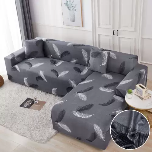 Set husa pentru coltar M + L, Elastica, Jojo Home, Gri-Negru, pene