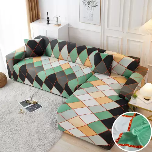 Set husa pentru coltar M + L, Elastica, Jojo Home, Verde-Bej, forme geometrice