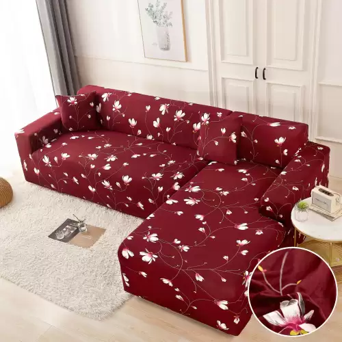 Set husa pentru coltar M + L, Elastica, Jojo Home, Visiniu, flori