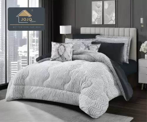 Set lenjerie de pat cu elastic ,cu pilota inclusa, blanita artificiala de iepure, 6 piese, Gri Inchis