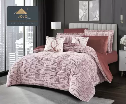 Set lenjerie de pat cu elastic ,cu pilota inclusa, blanita artificiala de iepure, 6 piese, Roz