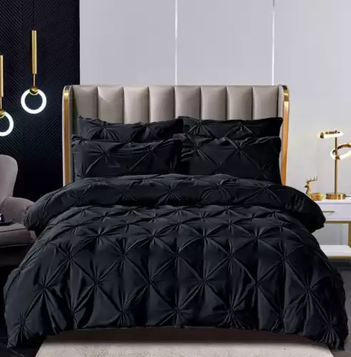 Set Lenjerie Pat 2 Persoane Bumbac Finet Uni cu Pliuri, 6 Piese, Fara Elastic