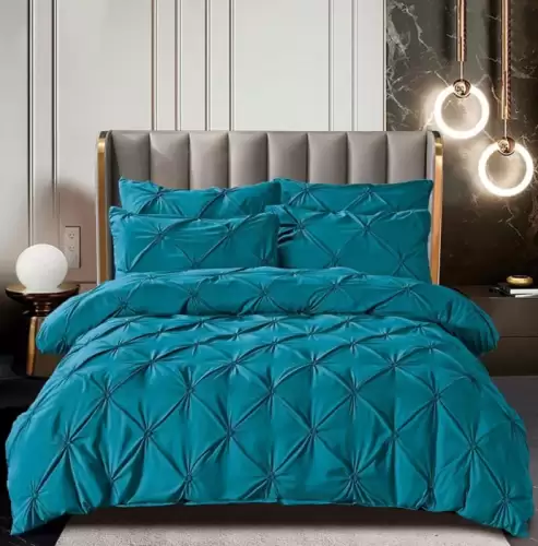 Set Lenjerie Pat 2 Persoane Bumbac Finet Uni cu Pliuri, 6 Piese, Fara Elastic