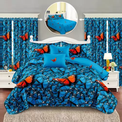 Set Lenjerie pat dublu (140x200cm, 160x200cm, 180x200cm) + 2 draperii, finet, 8 piese, Albastru, fluturi