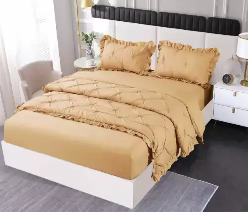 Set Lenjerie Pat Dublu, 4 Piese, Finet, cu Elastic, Pliuri si Volanase