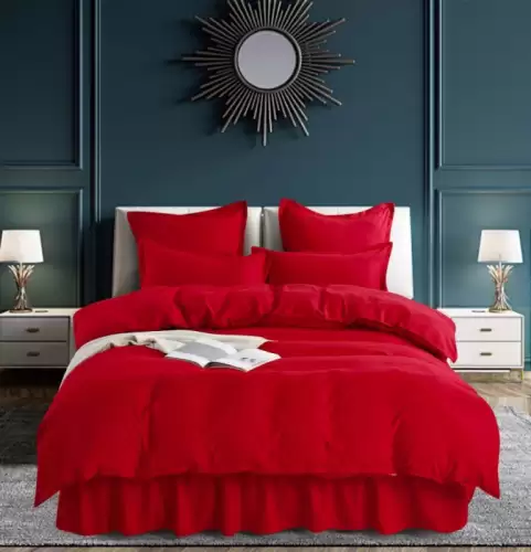 Set Lenjerie Pat Dublu, 6 Piese, Bumbac Finet Uni, cu Volanase