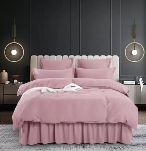 Set Lenjerie Pat Dublu, 6 Piese, Bumbac Finet Uni, cu Volanase