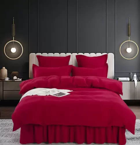 Set Lenjerie Pat Dublu, 6 Piese, Bumbac Finet Uni, cu Volanase