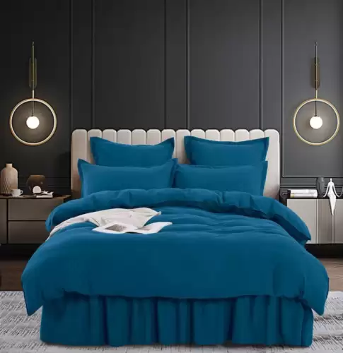 Set Lenjerie Pat Dublu, 6 Piese, Bumbac Finet Uni, cu Volanase