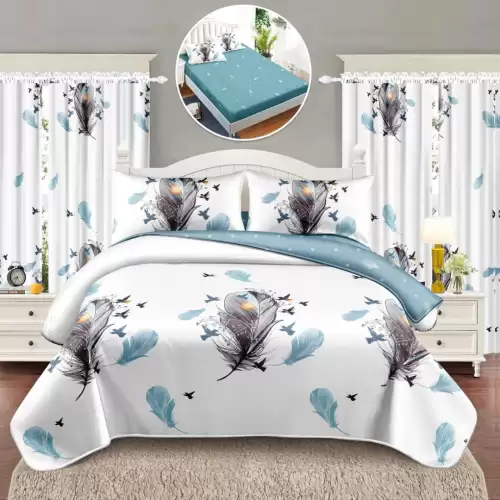 Set Lenjerie pat dublu cu Elastic (140x200cm) + 2 draperii, finet, 6 piese, Alb, Bleu, Pene