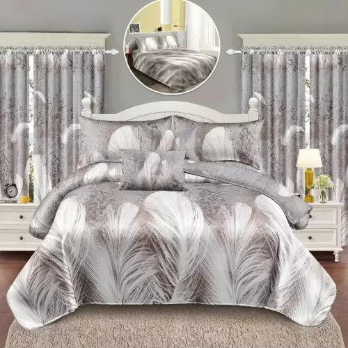 Set Lenjerie pat dublu cu Elastic (140x200cm) + 2 draperii, finet, 6 piese, Alb, Gri, Pene