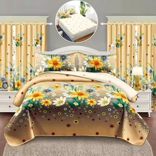 Set Lenjerie pat dublu cu Elastic (140x200cm) + 2 draperii, finet, 6 piese, Bej, Maro, flori