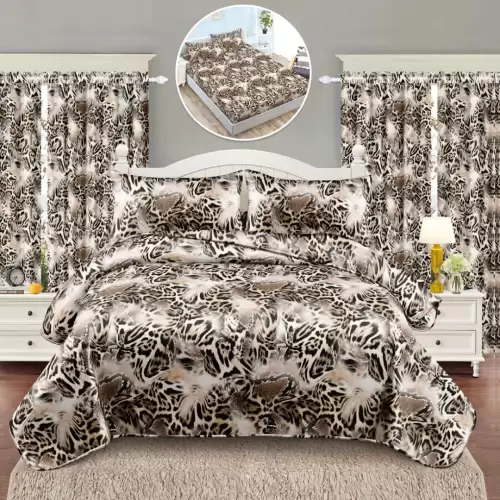 Set Lenjerie pat dublu cu Elastic (140x200cm) + 2 draperii, finet, 6 piese, Bej, Negru, Animal Print